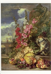 Coninck David de; Stillleben mit Blumen, Früchten und Äffchen , ca. 1685
