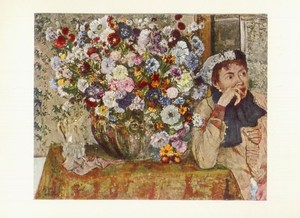 Degas Edgar; Frau am Tisch mit großem Chrysanthemenstrauß