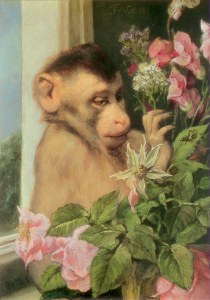 Gabriel Max Cornelius von; Affe mit Blumen am Fenster