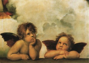 Raphael (Raffaele Santi); Die zwei Engel - Detail aus "Sixtinische Madonna"