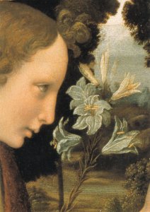 Leonardo da Vinci; Engel mit Lilie (Ausschnitt aus Verkündigung)
