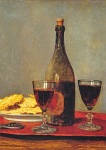 Anker Albert; Stillleben mit zwei Gläsern Rotwein, Flasche und Gebäck