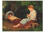 Anker Albert; Strickendes Mädchen, Kleinkind in der Wiege hütend , 1885