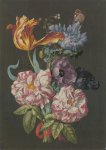 Anonym; Blumengebinde mit Rosen (Rosa), Tulpen (Tulipa), Mohn (Papaver) und anderen Blumen, mit Admiral, um 1770