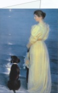 Krøyer Peter Severin; Sommerabend in Skagen, die Frau des Künstlers mit Hund am Strand , 1892