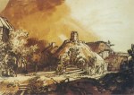 Rembrandt Harmensz. van Rijn; Bauernhäuser vor gewittrigem Himmel
