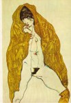 Schiele Egon; Weiblicher Akt mit gelbem Umhang , 1914
