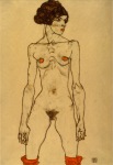 Schiele Egon; Stehendes nacktes Mädchen m. orangefarb. Strümpfen
