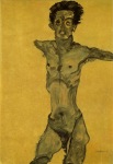 Schiele Egon; Selbstakt in Grau mit offenem Mund - 1910