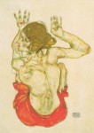 Schiele Egon; Sitzender weiblicher Rückenakt mit rotem Rock , 1914