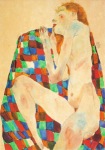 Schiele Egon; Weiblicher Akt auf bunter Decke , 1911