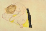 Schiele Egon; Weiblicher Akt auf gelbem Tuch , 1912
