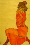 Schiele Egon; Kniendes Mädchen in orangerotem Kleid , 1910